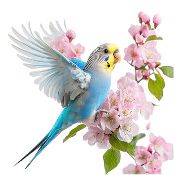 Beautiful blue parakeet perched on pink cherry blossom branch springtime on transparent background