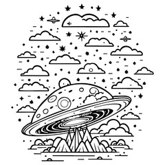 Line Art of UFO Abduction Above Mountains