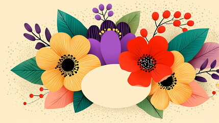 Abstract, colorful flowers with leaves and berries on a beige background. With copy space in the middle. Invitation card, greeting or banner for social media.