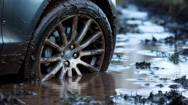 The car's wheel got stuck in the mud.