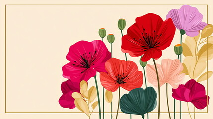 Vector illustration of poppy flowers in red, pink, and green colors on a beige background with a golden frame. Modern floral design for a greeting, wedding card, poster, or banner. Copy space. 