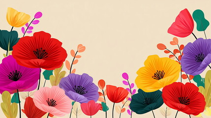 Colorful flower background vector presentation design template with poppy flowers and leaves, on a beige background, colorful, flat illustration for a invitation, wedding card or poster. Copy space. 