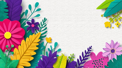 Colorful paper cutout of colorful flowers and leaves border on a white background, with colorful flowers and green leaves, in a paper-cut style. Copy space text. Invitation, greeting, banner or poster