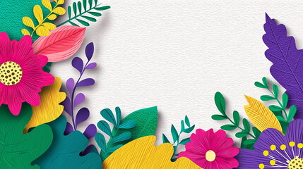 Colorful paper-cut flowers and leaves frame a white background, in a vector illustration with a flat design. Copy space text. Invitation, greeting.