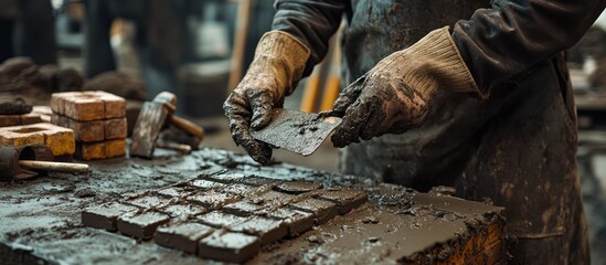 Artisan shaping clay bricks in workshop
