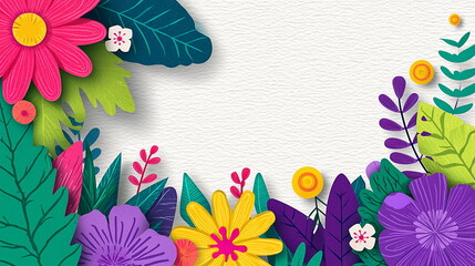 Colorful paper-cut spring flowers and leaves frame a background vector presentation design illustration with white space in the middle. Invitation, greeting, banner or poster. 