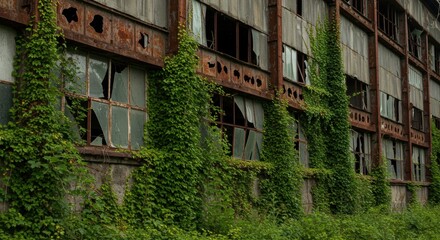 Fototapeta premium Abandoned industrial building with overgrown ivy, broken windows, and decaying structure, showcasing nature reclaiming urban space - naves industriales