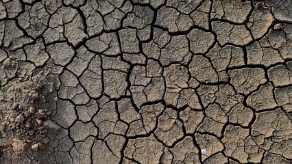 Dry Cracked Earth: A detailed close-up shot of parched earth, revealing a complex network of deep...