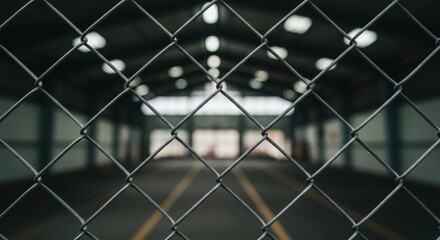 Fototapeta premium Industrial warehouse interior viewed through a chain-link fence, showcasing empty space and lighting - naves industriales