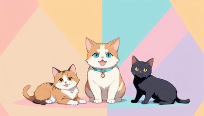 Three cartoon cats sit against a multicolored background.