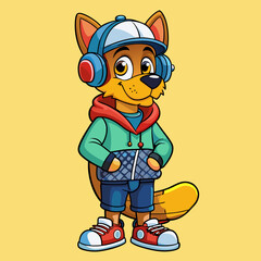 Trendy dog in hoodie, sneakers, and headphones, holding a skateboard—urban streetwear style with attitude.