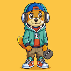 Trendy dog in hoodie, sneakers, and headphones, holding a skateboard—urban streetwear style with attitude.