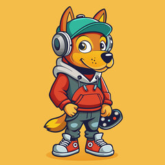 Fototapeta premium Trendy dog in hoodie, sneakers, and headphones, holding a skateboard—urban streetwear style with attitude.