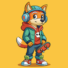 Trendy dog in hoodie, sneakers, and headphones, holding a skateboard—urban streetwear style with attitude.