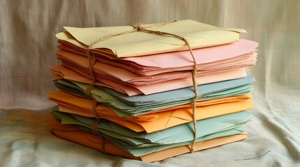 A neat pile of colorful envelopes tied with twine, displayed on a pastel background pic
