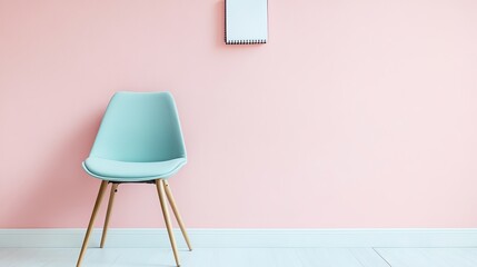 A modern home office setup with a pastel-colored chair and blank notebook pic