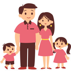 Happy cartoon family illustration with father, mother, daughter, and son. Perfect for family-related themes, children’s books, education materials, parenting topics, and vector character designs.