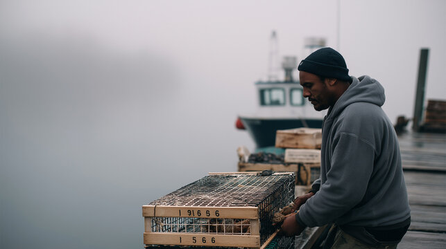 A sailor unloading lobster traps on a foggy morning dock