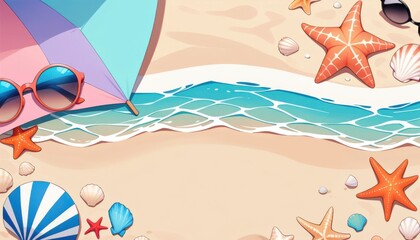 Scene with beach and ocean. There are assorted sea shells, star fish, and sunglasses. The colors are pale.