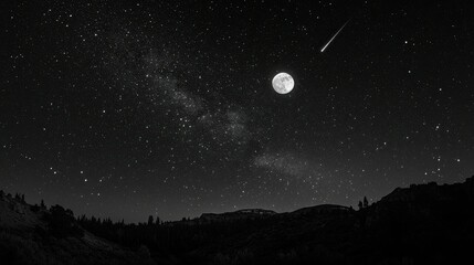 Free an enchanting black-and-white photo of the full moon against a starry sky. Stock Photo