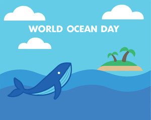 Fototapeta premium World Ocean Day Banner with Whale, Island, and Clouds Illustration.