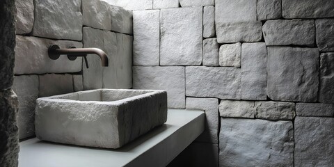 Modern minimalism meets rustic stone in a stylish bathroom mockup with ample empty space for text