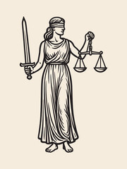 Lady Justice in engraving style with sword and scales, vector art