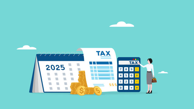 2025 annual income tax filing, Doing taxes accounting and annual financial paperwork, tax form or annual notification of monthly duty and debt, businesswoman standing near a big calculator tax