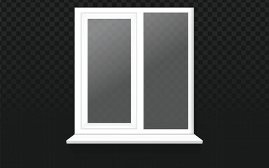 A white framed window with two vertical panes, the left pane being narrower than the right, set against a transparent dark checkered background. This appears to be a Polyvinyl Chloride (PVC) window 
