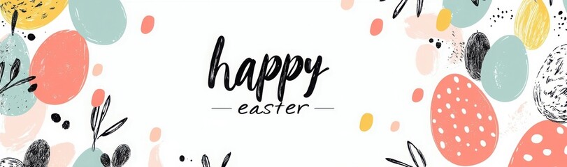 Happy Easter banner Trendy Easter design with typography hand painted strokes and dots eggs and bunny in pastel colors Modern minimal style Horizontal poster greeting card header for website.