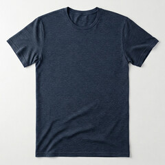 A plain dark blue t-shirt on a light background, showcasing its texture and design. Blue heather Tshirt for mockup template. Blank tee shirt template.