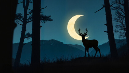 Deer silhouette under crescent moon in dark forest