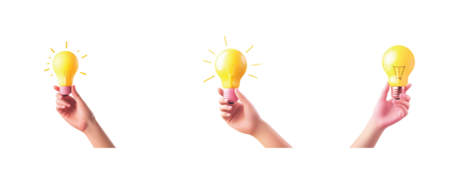 Three hands holding bright light bulbs with radiant yellow glow and subtle highlights