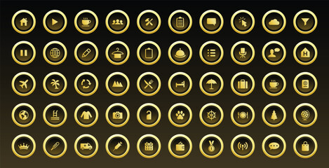 Gold Lifestyle and Travel Icon Set Featuring Weather Transportation Accommodation Food Activities and Daily UI Elements for Mobile App and Website Interface in Luxury Flat Golden Theme