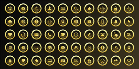 Gold User Interface Icon Set for Web and Mobile Design Including Communication Symbols Security Login Location Email Search Heart Notification and Essential App Features in Shiny Premium Style