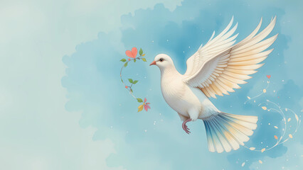 Fototapeta premium Elegant white dove flying in a pastel sky, holding a floral branch with heart-shaped petals. Symbol of peace, hope, and love in a soft, dreamy illustration style.