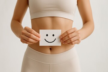 Athletic Woman Holding Smiley Face Card Over Stomach, Represents Happy Gut Health and Positive Body Image