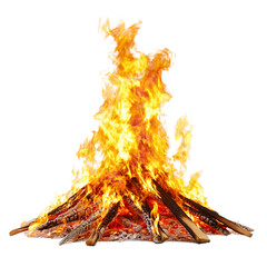 Isolated campfire bonfire flames burning wood logs bright orange yellow heat energy outdoor adventure night 100 on transparent background