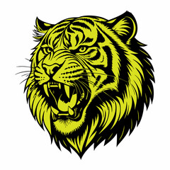Roaring Tiger Head Illustration with Bold Lines and Contrasting Yellow and Black Color Palette.