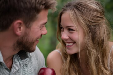 Naklejka premium Smiling couple face to face in a garden setting, with blurred greenery in the background and a dark red apple in the foreground.