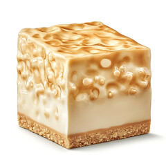 A thick slice of cheesecake with smooth creamy texture, caramelized crust, and graham cracker base