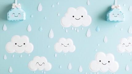 Pastel blue background with cute clouds and raindrops, featuring small gift boxes resembling houses