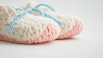 Pair of crocheted slippers in a pastel pink and white color scheme. the slippers are made of woolen yarn and have a ribbed texture.