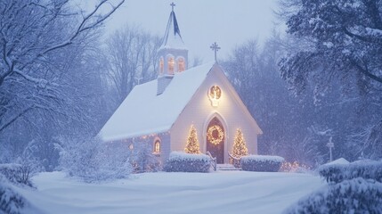 A charming church covered in snow, radiating a peaceful and festive winter atmosphere
