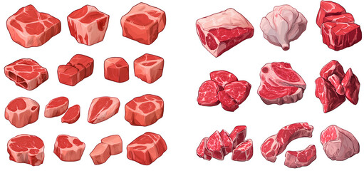  Set of fresh meat cut into pieces isolated on a transparent background PNG