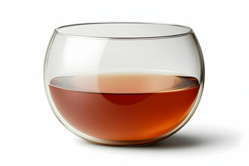 A clear glass bowl filled with rich brown liquid, set against a soft white background, showcasing simplicity