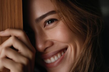 Fototapeta premium Close-up of a smiling woman with hand against wooden door. Warm lighting accentuates her features and the texture of her hair.