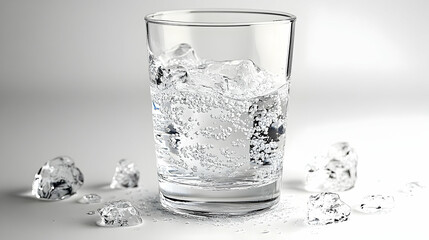 A clear glass filled with sparkling water and ice cubes, set against a soft, neutral background