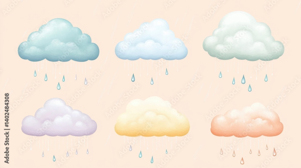 Leinwandbilder Soft pastel clouds with delicate raindrops create a serene and calming atmosphere on a neutral background