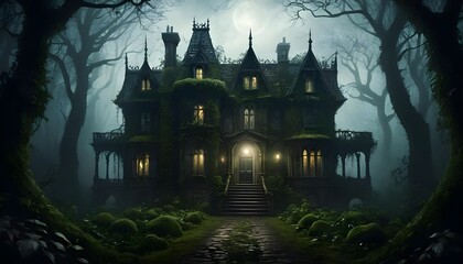 Obraz premium Enigmatic Mansion in a Misty Forest at Night